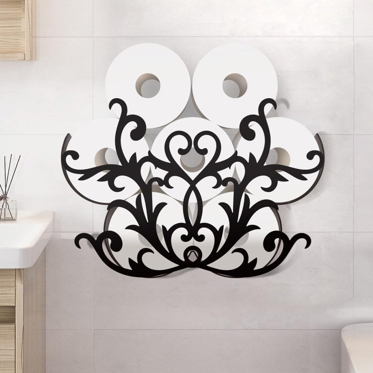 Antieke Victoriaanse Metalen Toiletpapierhouder voor 8 Rollen, Decoratieve Organizer voor Badkamer en Toiletpapieropslag met Zwart Patroon