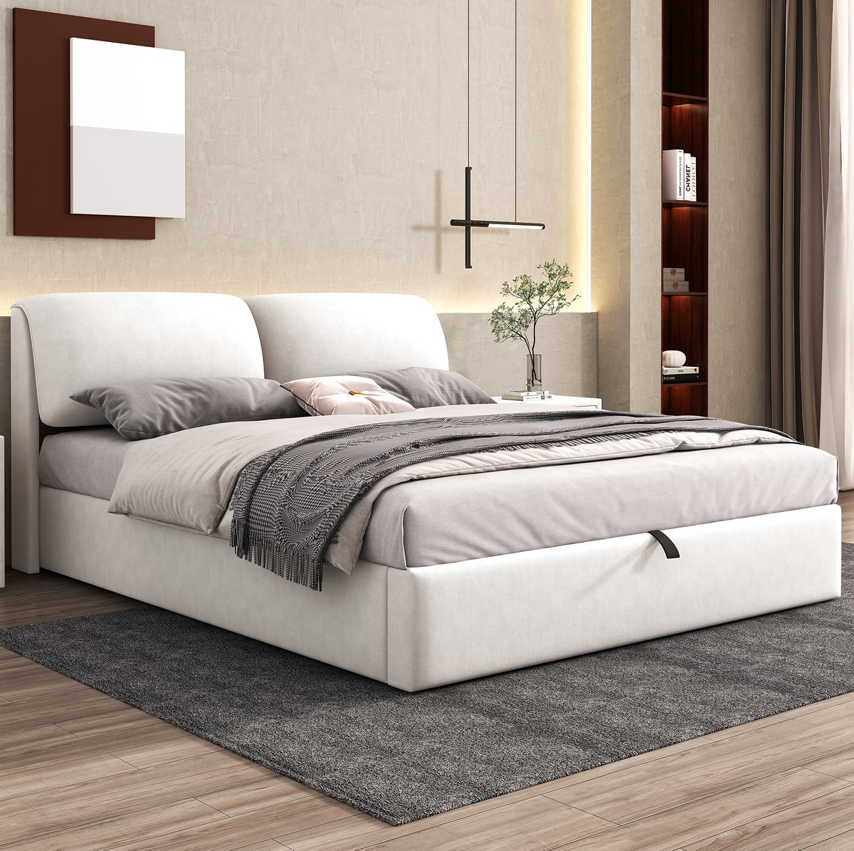 FloraGrace Bed 180x200 cm - Hydraulisch Tweepersoonsbed Met Verstelbaar Hoofdbord - 3 Lades En Opbergruimte - Fluweel - Beige - Zonder Matras