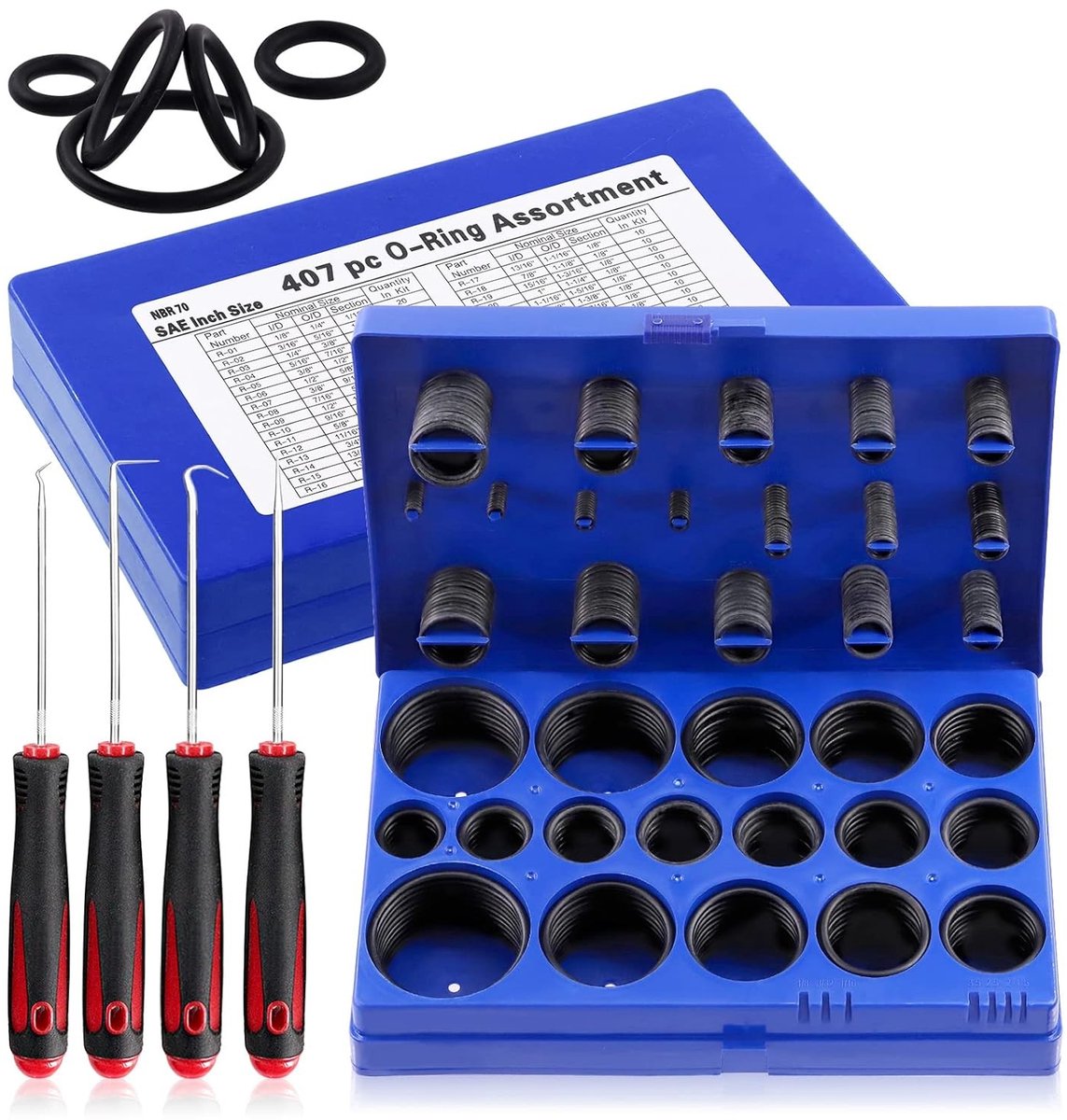 411 Stuks O-Ring Assortiment Kit met 32 Maten van Nitril Rubber voor Loodgieterswerk, Lucht- en Gasafdichting met Haakjes en Pikkers