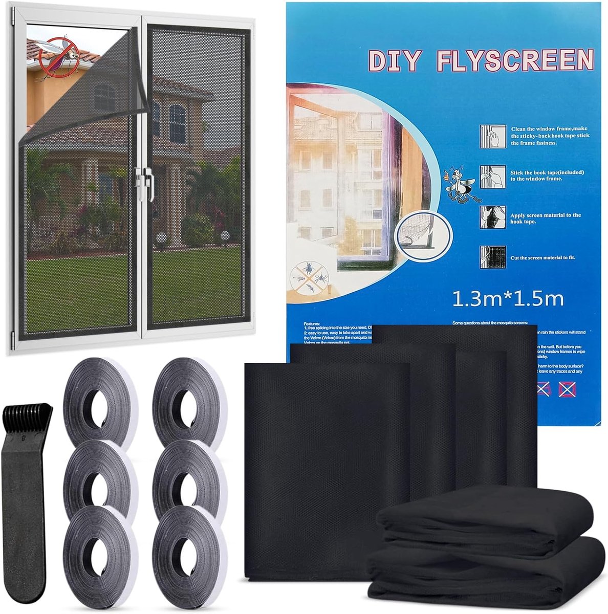 Dailygoods- Vliegengaas 130 x 150 cm - 6 Stuks - Zelfklevend Muggennet - Bescherming Tegen Insecten - Inclusief Plakband en Handleiding - Eenvoudige Installatie