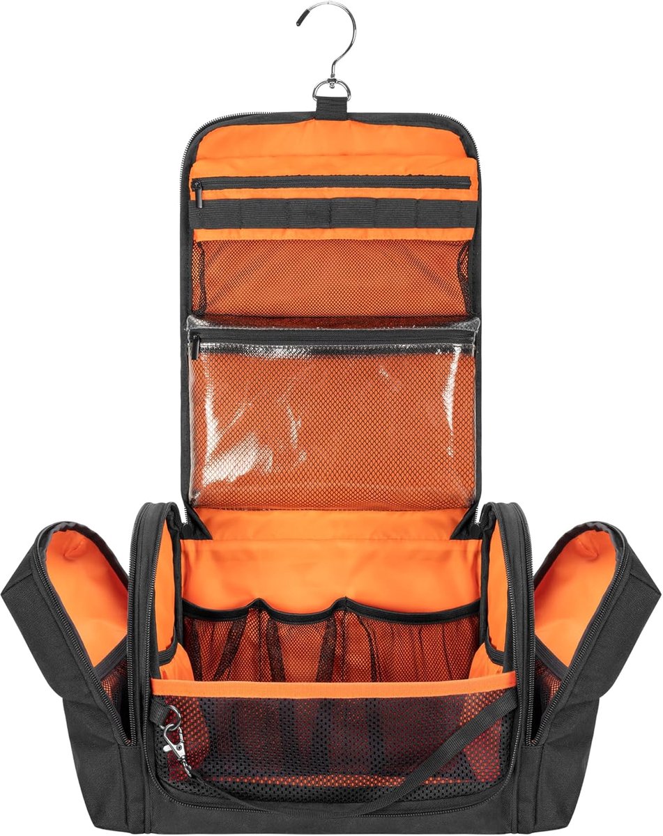 SnelShoppen - Tactical Toiletry Travel Bag voor Mannen, Hangende Dopp Kit, Hygiëne Organizer met Haak voor Toiletten en Scheerproducten, Ruim Zwart (L