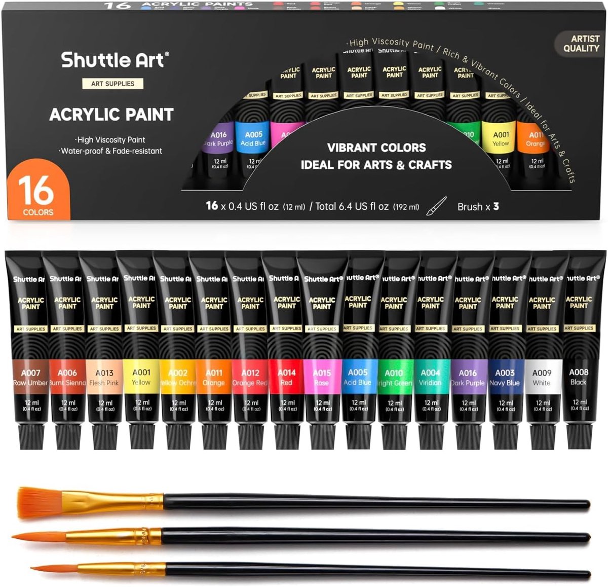 Thijox - Acrylverf Set 16 Kleuren (12 ml) met 3 Penselen - Artistieke Kwaliteit voor Kinderen, Volwassenen en Kunstenaars - Perfect voor Canvas, Hout,