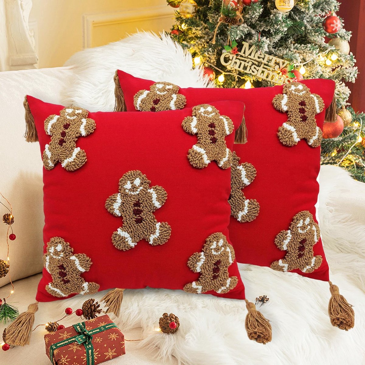 Dailygoods - Kussensloop voor Kerstmis, peperkoekman, kerstkussensloop, 45 x 45 cm, katoen, linnen, kussenovertrekken, kerstdecoratie, voor binnen