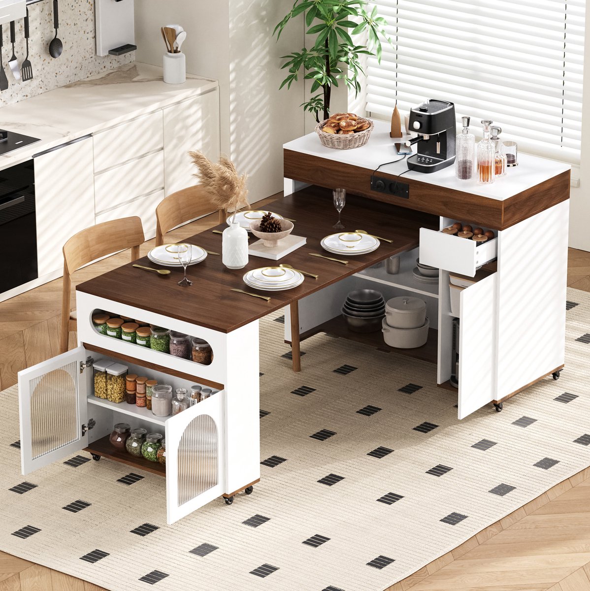DESMIU Eettafel - Uitschuifbaar Keukeneiland Met Wielen En Stopcontact - Voor Keuken En Eetkamer - MDF - 137,5x110,5x95,5 Cm - Wit Walnoot