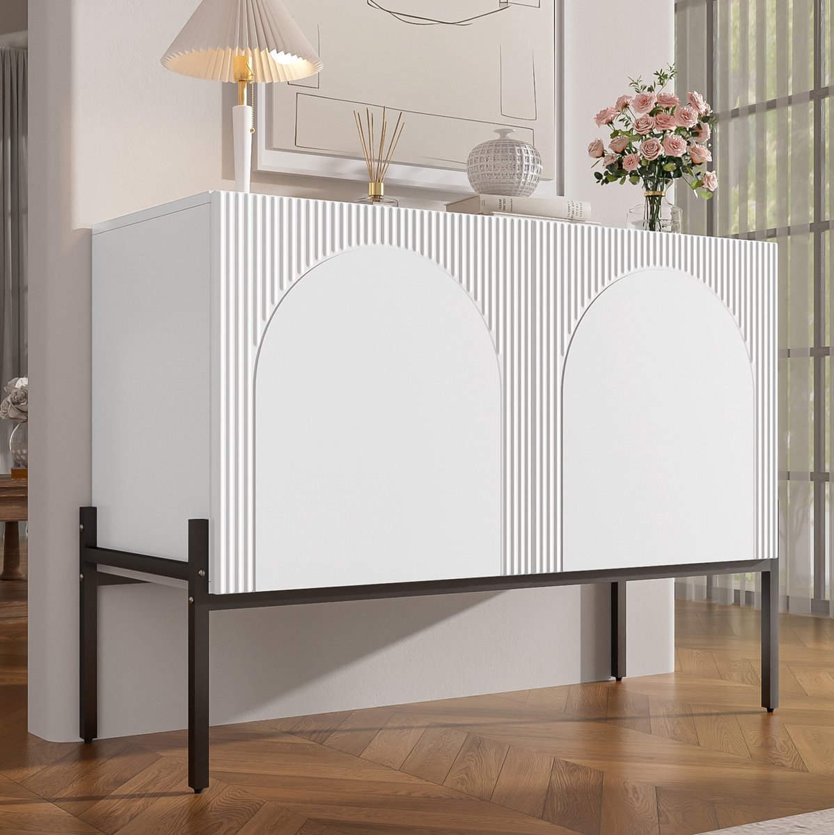 MIVRAY Dressoir - Dubbele Deuren Met Boogreliëf En Metalen Poten - Moderne Opbergkast Voor Woonkamer En Hal - Spaanplaat - 100x40x75 Cm - Wit