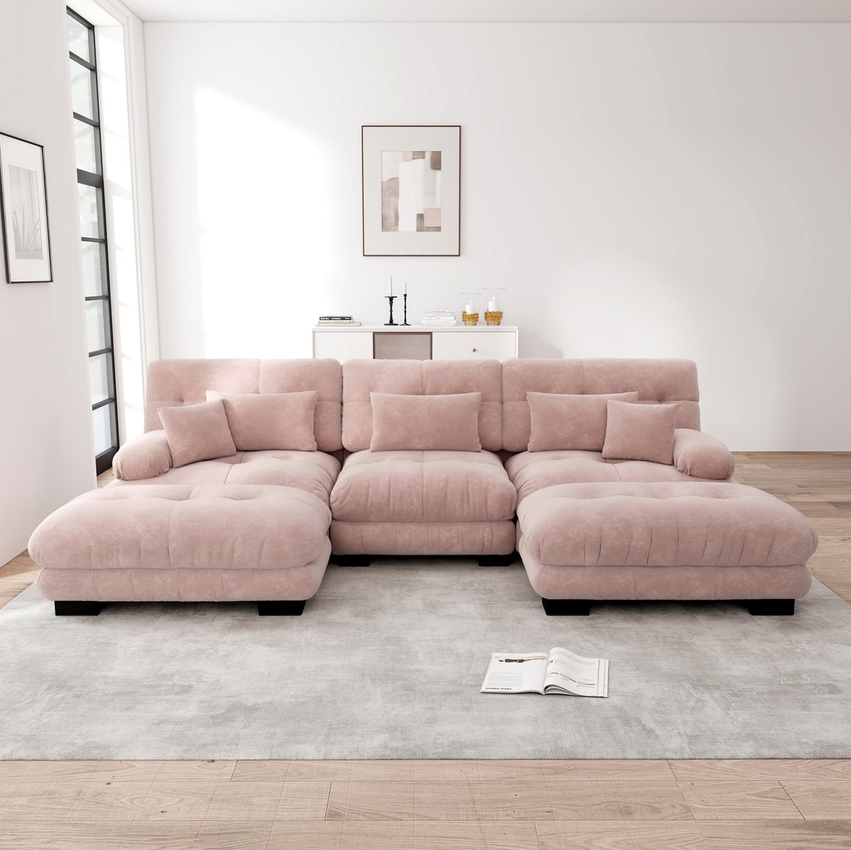 MIVRAY U-bank 313 x 145 x 81 cm - Modulaire Hoekbank Met Verplaatsbare Ottoman En Slaapfunctie - Woonkamer - Chenille Roze