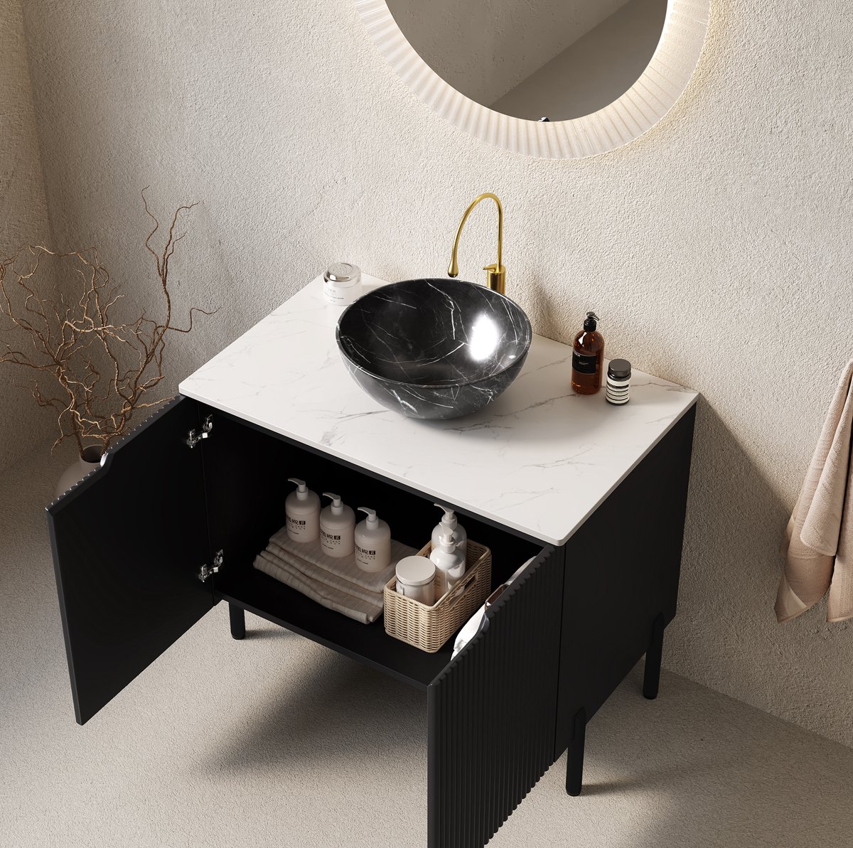 MIVRAY Badkamermeubel - Vrijstaand Met Zwarte Keramische Waskom En Softclose Deuren - Voor Badkamer - Sintersteen En Zwart Wit - 76 Cm