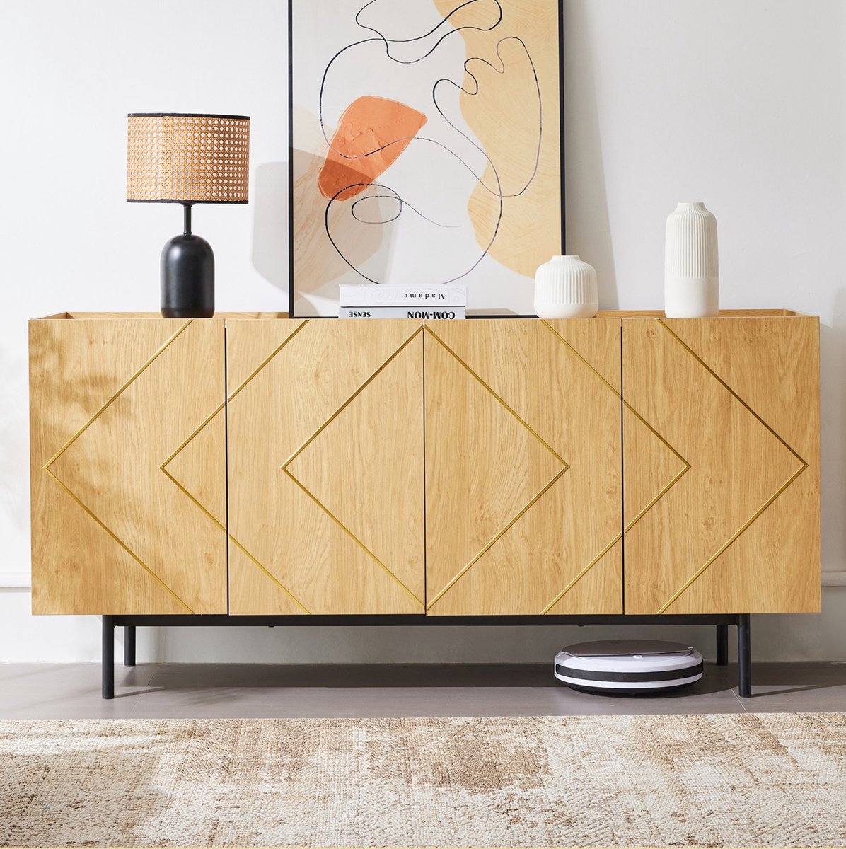 MEUNIQ dressoir 160 x 40 x 78 cm met 4 deuren en verstelbare planken, sideboard voor woonkamer of eetkamer, vrijstaand op metalen poten, naturel