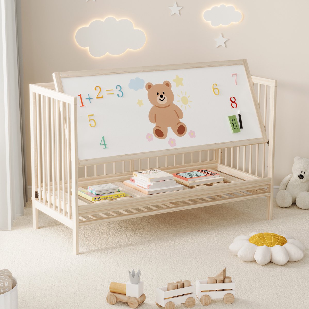 FloraGrace Babybed 140x60 cm - Multifunctioneel Meegroeibed Met Hoogteverstelling - Omvormbaar Tot Aanschuifbed - Zonder Matras - Hout - Naturel