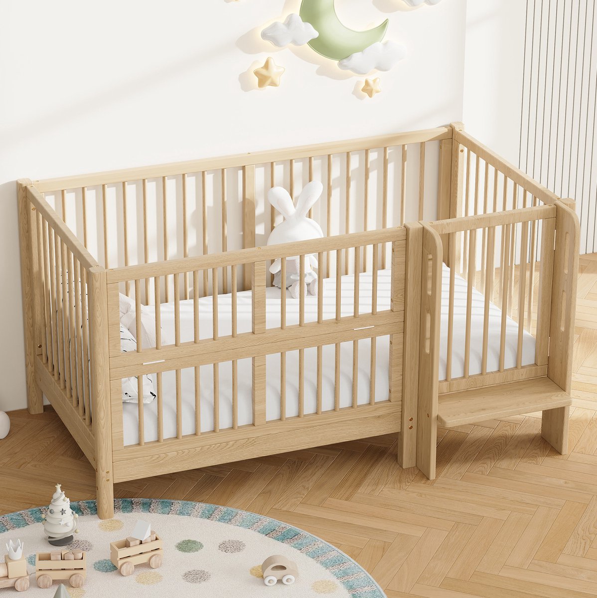FloraGrace Babybed 140x70 cm - Multifunctioneel Meegroeibed - Omvormbaar Tot Kinderbed En Aanschuifbed - Zonder Matras - Massief Dennenhout - Naturel