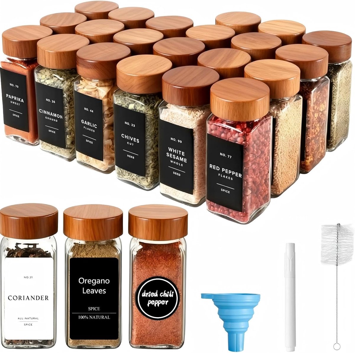 Dailygoods- Kruidenpotjes Set van 24 - Glazen Kruidenpotjes 120 ml - Vierkante Kruidencontainers - Deksels van Acaciahout - Inclusief Etiketten en Trechter - Multifunctionele Strooier