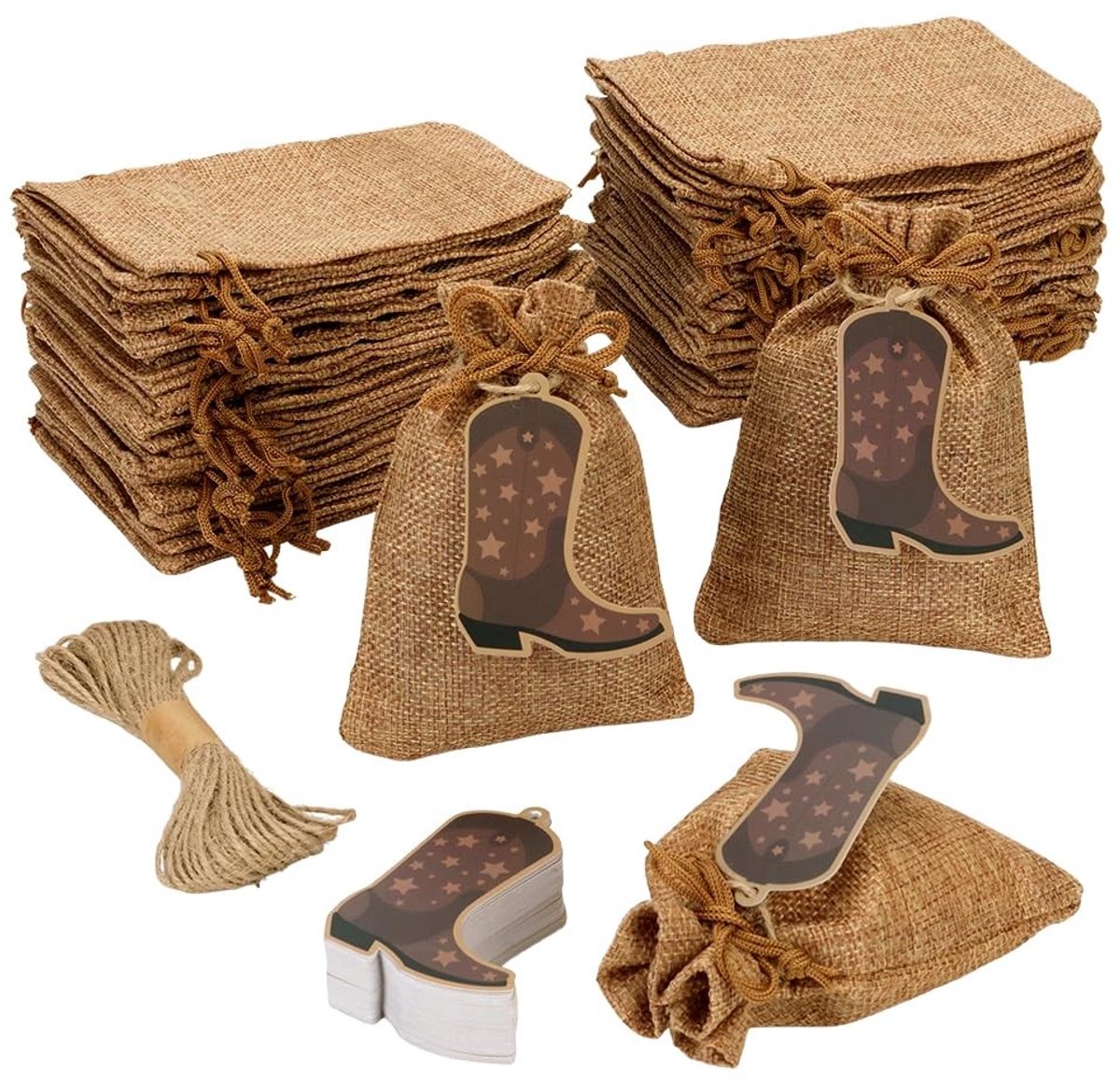Dailygoods- Geschenkzakjes 50 stuks - Herbruikbare Polyester Jute Trekkoord Tassen - Cowboy Boot Tags - Westerse Stijl - 13,5 x 9,5 cm - Perfect voor Bruiloft en Feesten - Cadeautassen