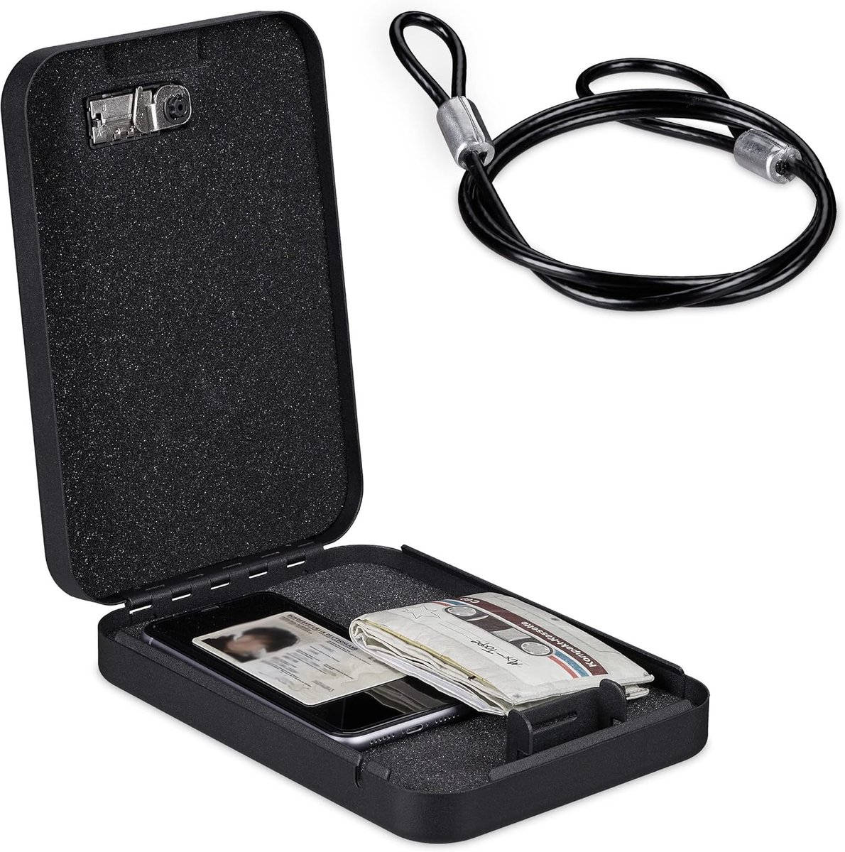 Thijox - Draagbare Geldkluis met Cijferslot en Kabel - Stalen Veiligheidsbox voor Vakantie, Camping, Auto - Afmetingen 5,5x17x25 cm - Zwart