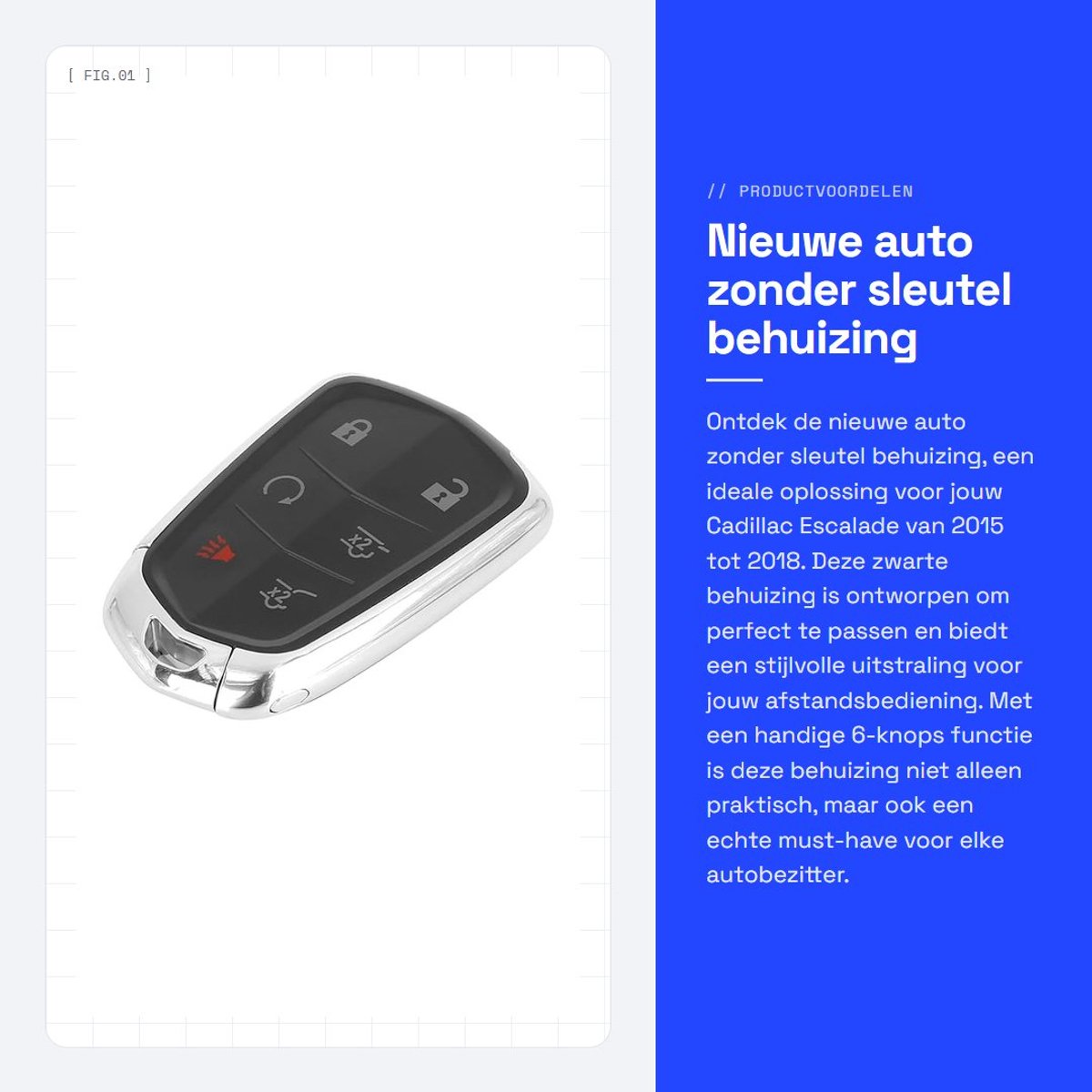 Dailygoods- Sleutelbehuizing Zwart - 6-knops Afstandsbediening - Kunststof - Geschikt voor Cadillac Escalade 2015-2018 - Onderdeelnummer HYQ2AB - Afmetingen 6,5 x 4 x 1 cm - Autosleutel