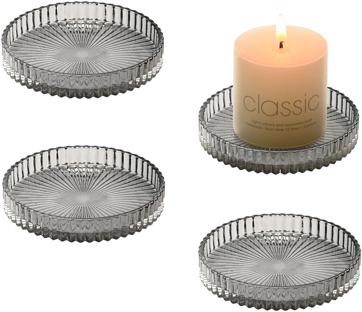 Dailygoods- Kaarsenplaten Set van 4 - Glazen Kaarsenhouders voor Stompkaarsen - Ronde Kaarsenschaal - Antislip Ondergrond - Decoratie voor Bruiloft/Kerstmis
