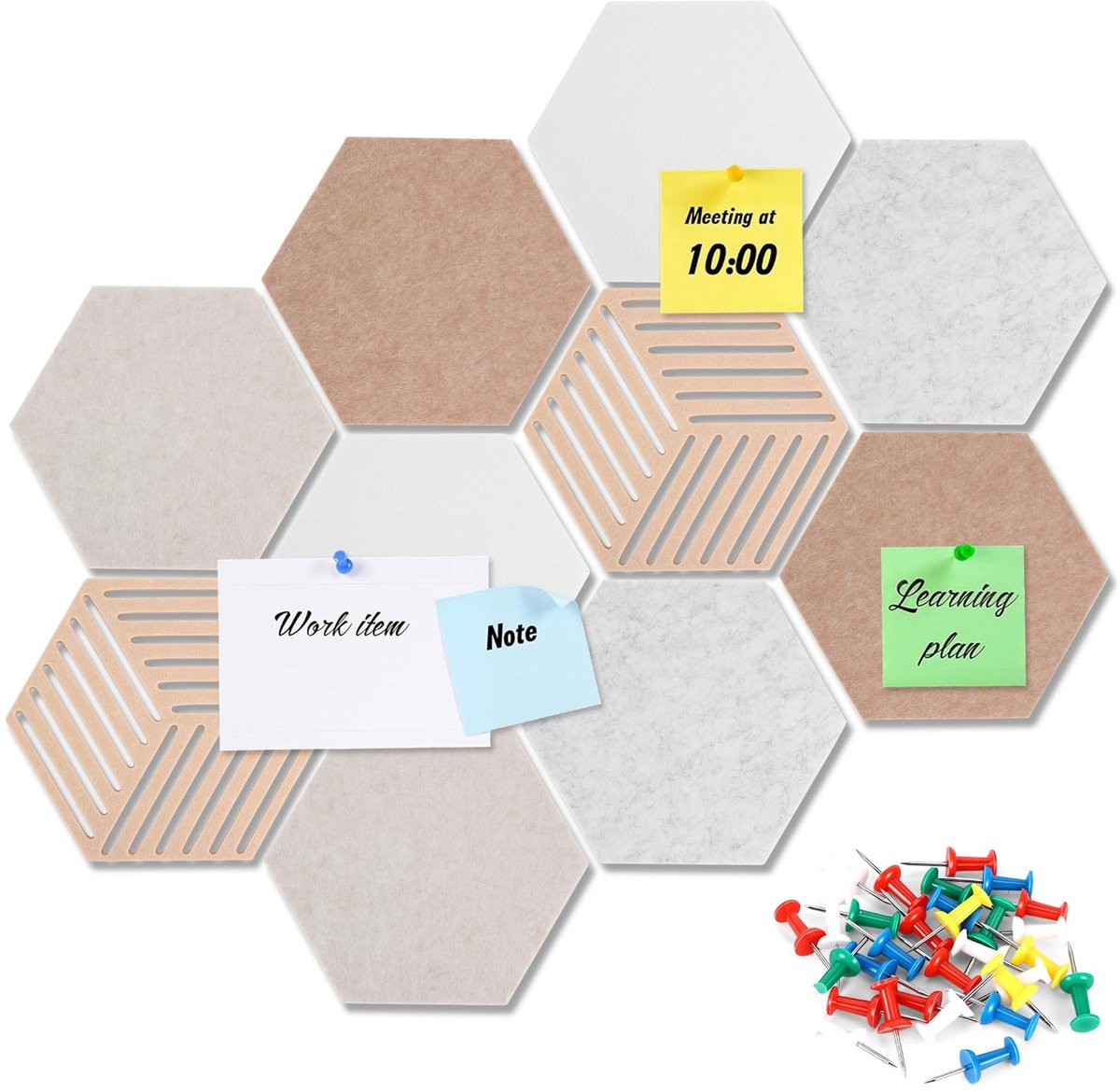 Dailygoods- Prikbord Zelfklevend - 10 Stuks Zeshoekige Viltborden 30 x 26 cm - Wanddecoratie - Incl. 50 Kleurrijke Punaises - Ideaal voor Kantoor en Keuken - Creatieve DIY Mogelijkheden