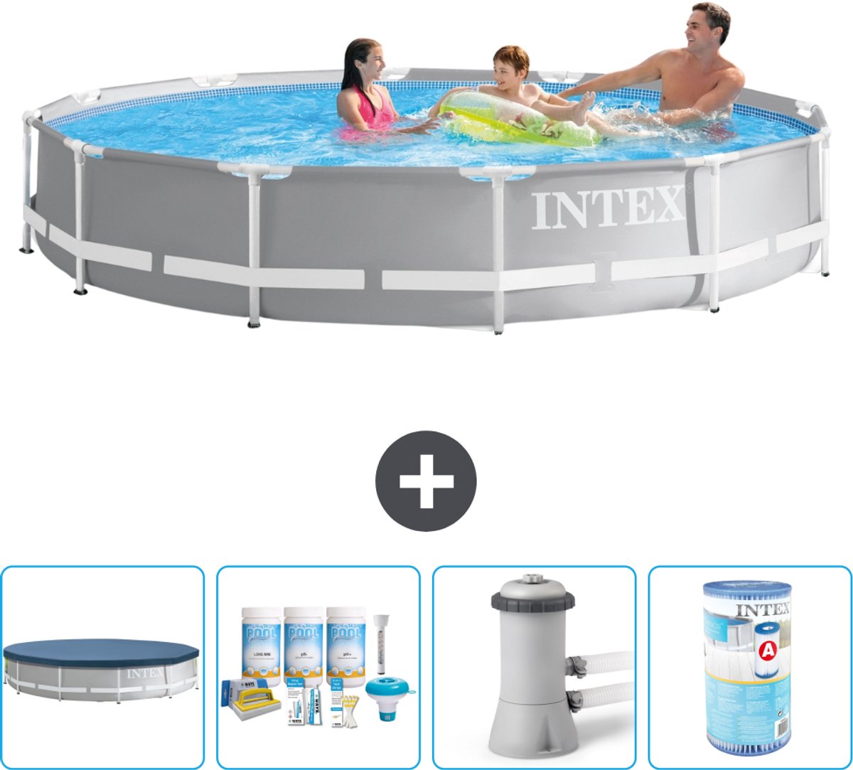 Intex Rond Prism Frame Zwembad - 366 x 76 cm - Grijs - Inclusief Afdekzeil - Onderhoudspakket - Zwembadfilterpomp - Filter - 5-delig