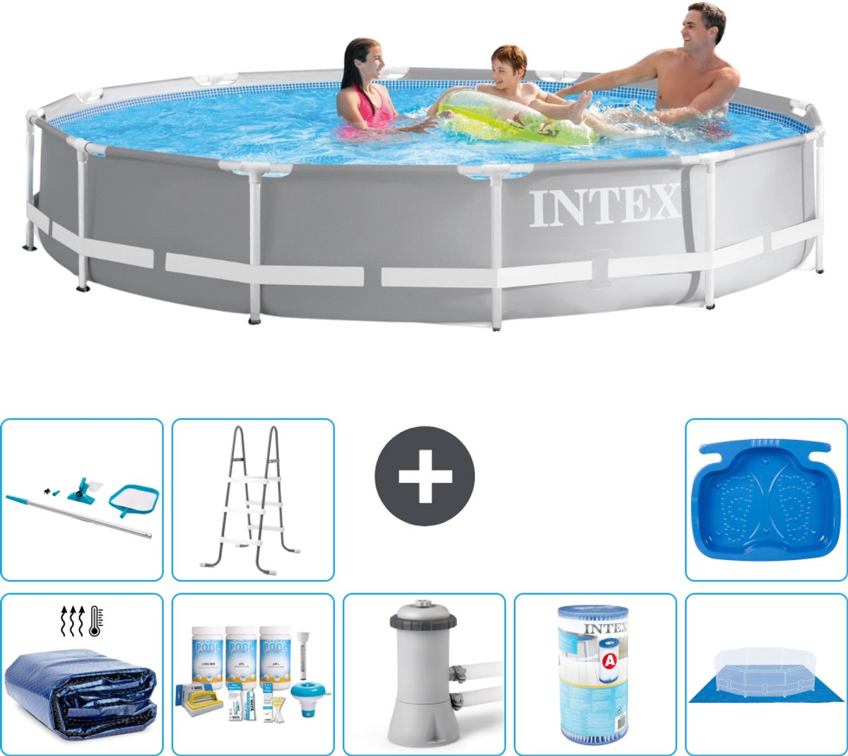 Intex Rond Prism Frame Zwembad - 366 x 76 cm - Grijs - Inclusief Solarzeil - Onderhoudspakket - Zwembadfilterpomp - Filter - Grondzeil - Schoonmaakset - Ladder - Voetenbad - 9-delig