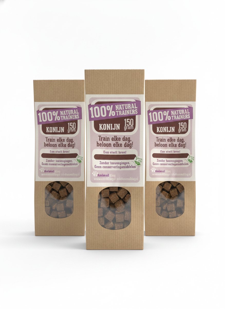 animalking 100% Natural Trainers - Trainingssnacks Konijn voor Honden - Hypoallergeen en Graanvrij - 3 x 150 gram Voordeelverpakking