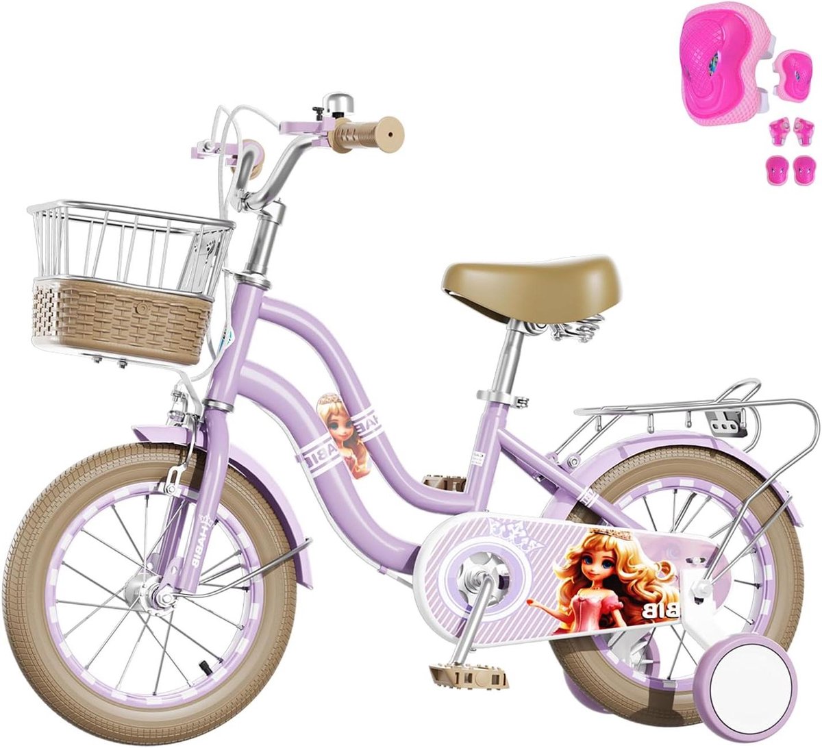 Meisjesfiets Klassiek - Kinderfiets Compleet - Veilig Leren Fietsen - Inclusief Beschermset - 12 inch - Paars