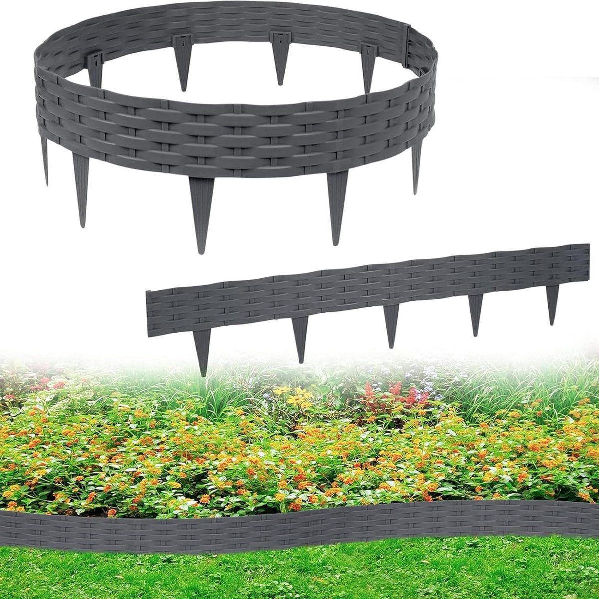 Gazonrand Tuinrand - Bloembed omheining - Tuinieren Ondersteuning - Rotan Kunststof Design - 10 Meter Totaal - Antraciet