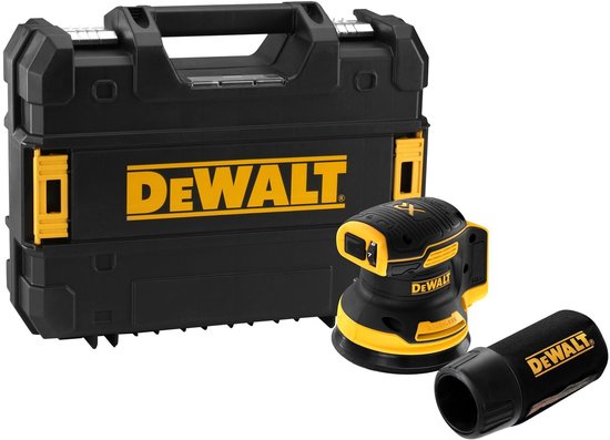 DeWALT accul vlakschuurmachine en TSTAK koffer, zwart en geel.