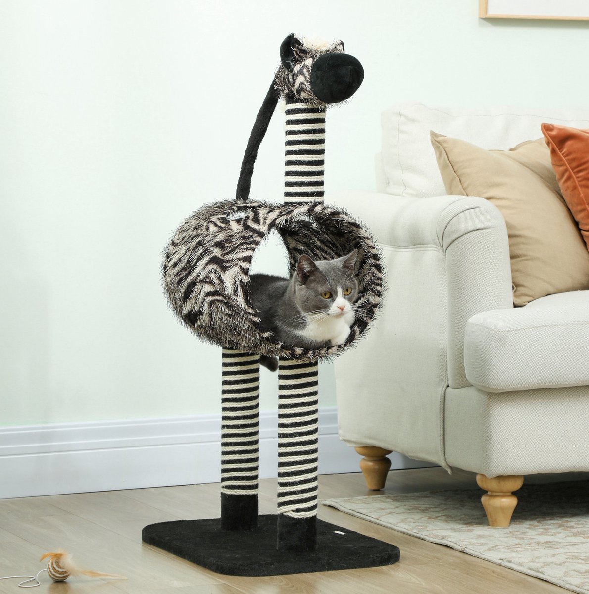 MEUNIQ Krabpaal met kattentunnel 93 cm zebra-design zwart wit, kattenkrabmeubel met tunnel, pluche bekleding en jute krabstammen voor krabben klimmen en spelen
