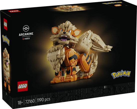 LEGO Arcanine met oranje en beige blokken, met de tekst LEGO en Pokémon.