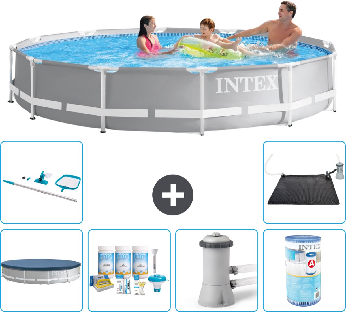 Intex Rond Prism Frame Zwembad - 366 x 76 cm - Grijs - Inclusief Afdekzeil - Onderhoudspakket - Zwembadfilterpomp - Filter - Schoonmaakset - Solar Mat - 7-delig