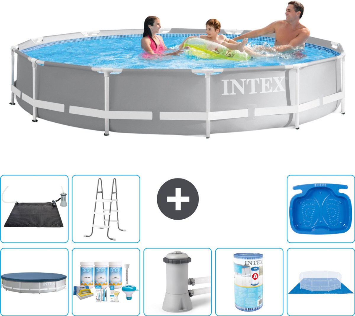 Intex Rond Prism Frame Zwembad - 366 x 76 cm - Grijs - Inclusief Afdekzeil - Onderhoudspakket - Zwembadfilterpomp - Filter - Grondzeil - Solar Mat - Ladder - Voetenbad - 9-delig