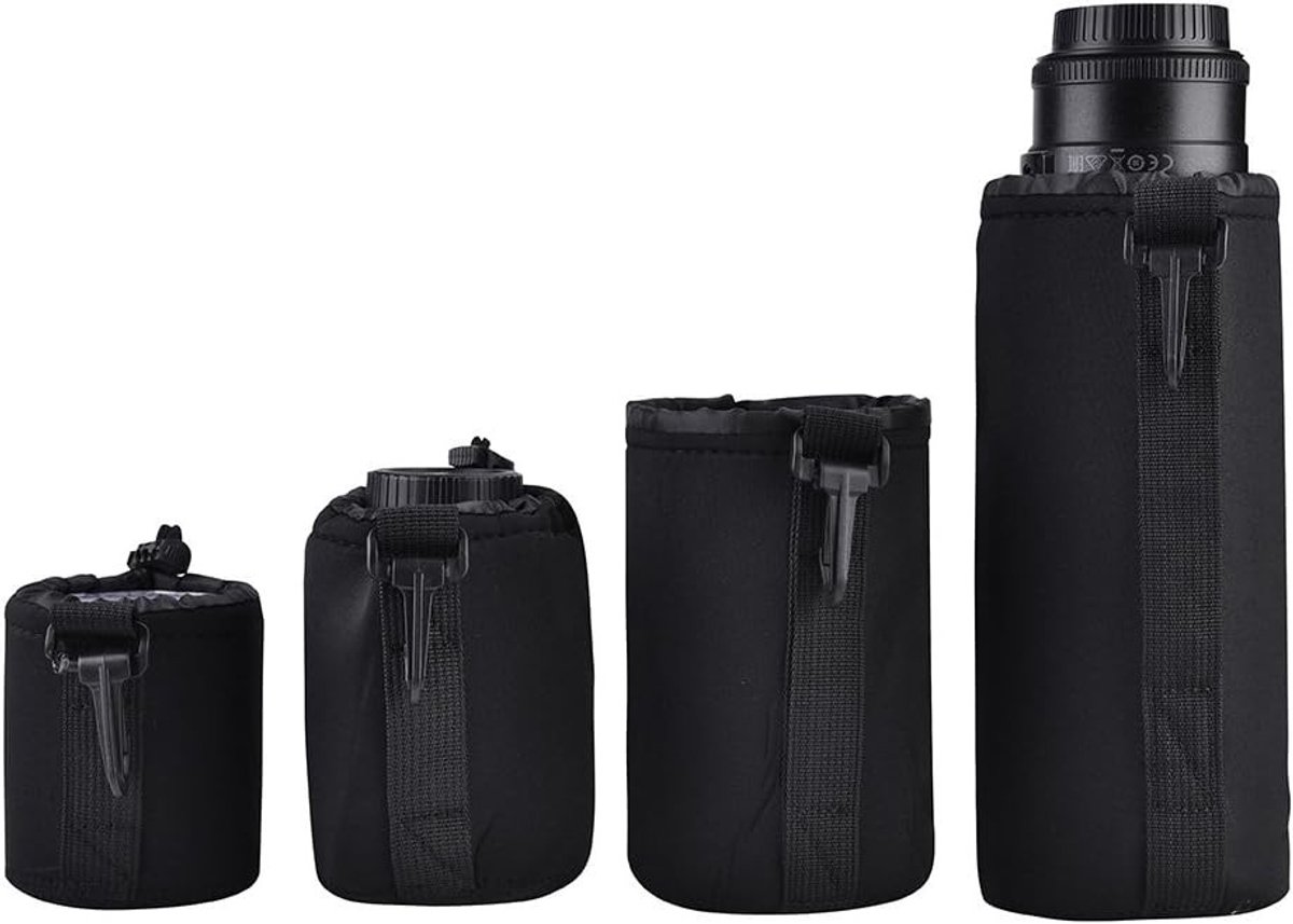 Praktische Zwarte Nylon Camera Lens Tassen, Set van 4, Met Snelsluiting en Bevestiging voor Gemakkelijke Toegang en Bescherming van Lenzen