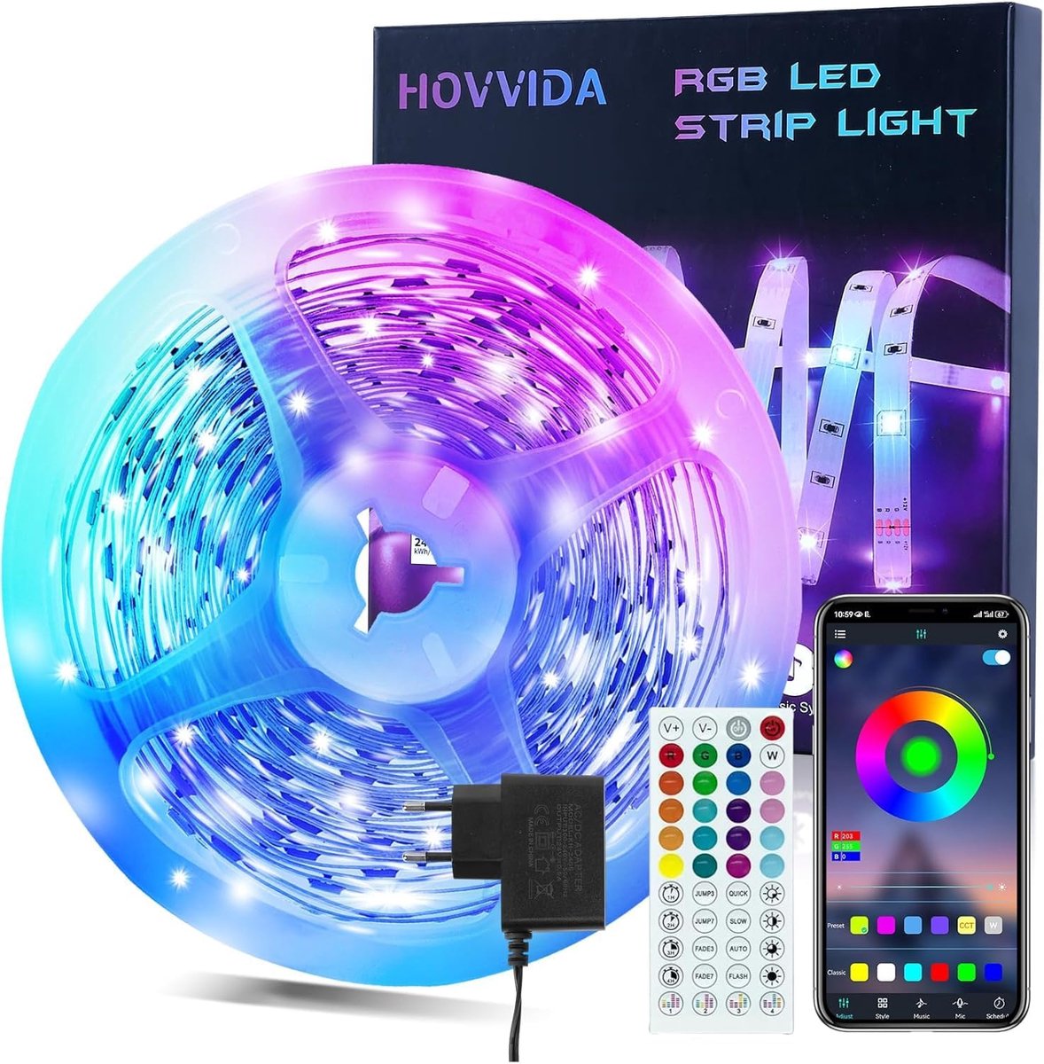 HOVVIDA Ledstrip, RGB 5050 ledstrip, app en afstandsbediening, muziekmodus, timing-modus, led voor kamer, woonkamer - ShopVlot