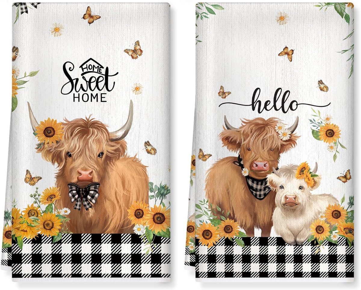 SnelShoppen - Highland Koe Keukenhanddoeken Set van 2 - Zachte Dikke Katoenmix Vaatdoeken 42x70 cm - Absorberend voor Keuken Woondecoratie, Housewarmi