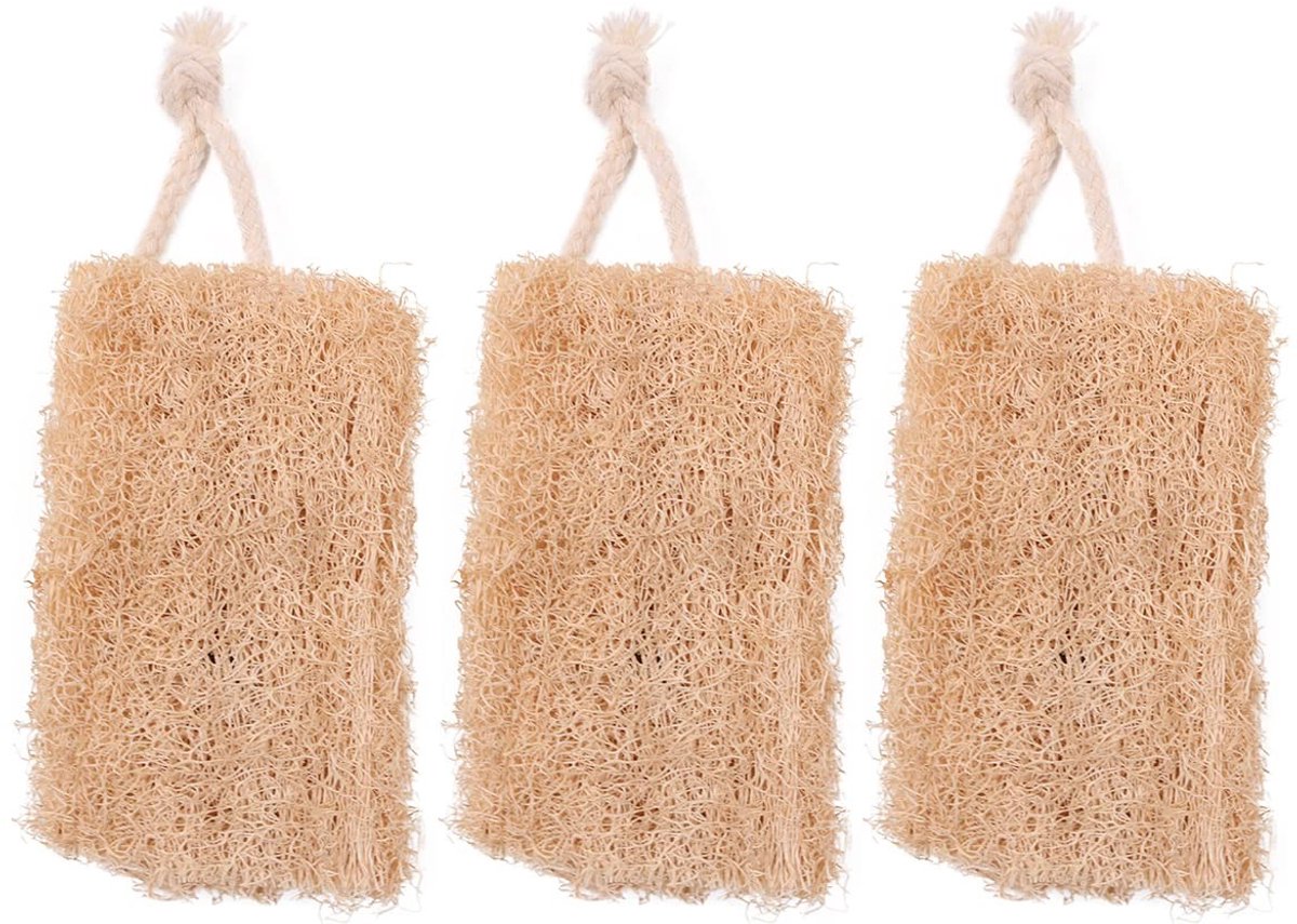 Dailygoods- Loofah-spons 3-delig - Duurzaam - Biologisch afbreekbaar - Natuurlijke materialen - Ophangkoord - Zachte peeling - Afwaspons