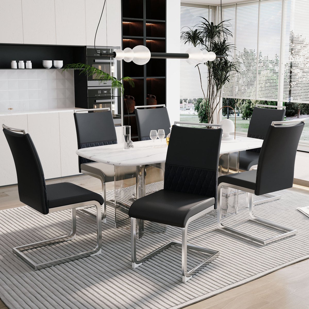 DESMIU Eetkamerstoel - Set Van 6 - Ergonomisch Hoog Rugmodel Met Gewatteerde Zitting - Voor Eetkamer, Keuken En Kantoor - Metaal Zwart