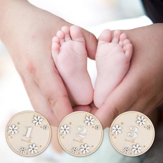 12x Houten Maandkaarten Baby 1-12 Maanden - Dubbelzijdig en 3D Bloemen — afbeelding 5