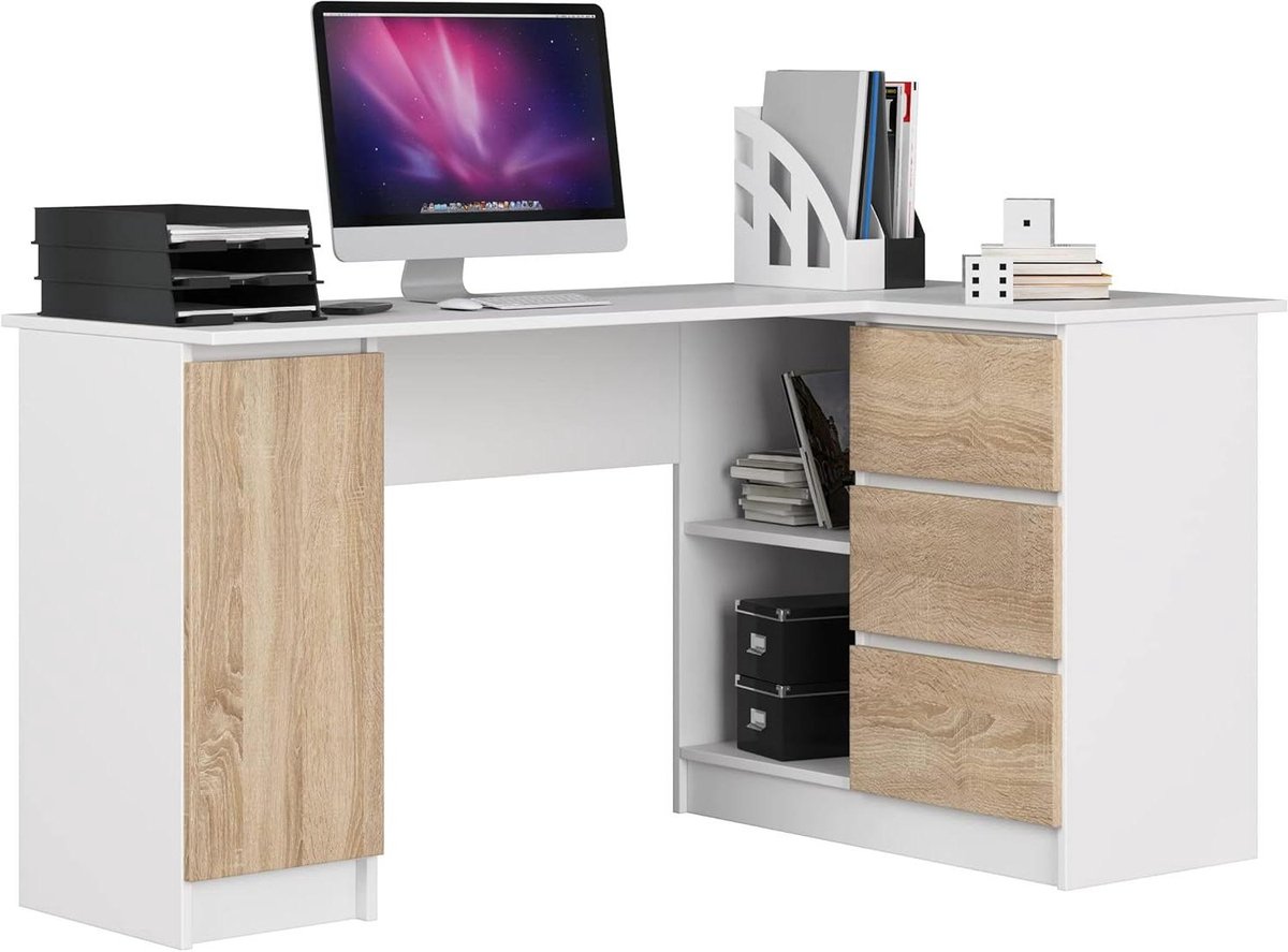 Hoekbureau - Bureau met laden - Thuiswerken - Omkeerbaar ontwerp - 155 cm breed - Wit Sonoma eiken