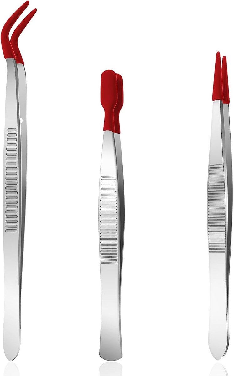 Set van 3 pincetten met rubberen tips - Rood siliconen gecoate platte en gebogen pincetten voor sieraden, wimpers en industriële toepassingen
