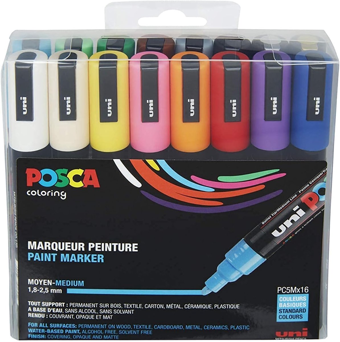 SnelShoppen - Uni Posca Stiften Set van 16 Kleuren - 1,8-2,5 mm Lijn, Basis Kleuren, Geschikt voor Kunst, Creatief Knutselen, School, Hobby, Volwassen
