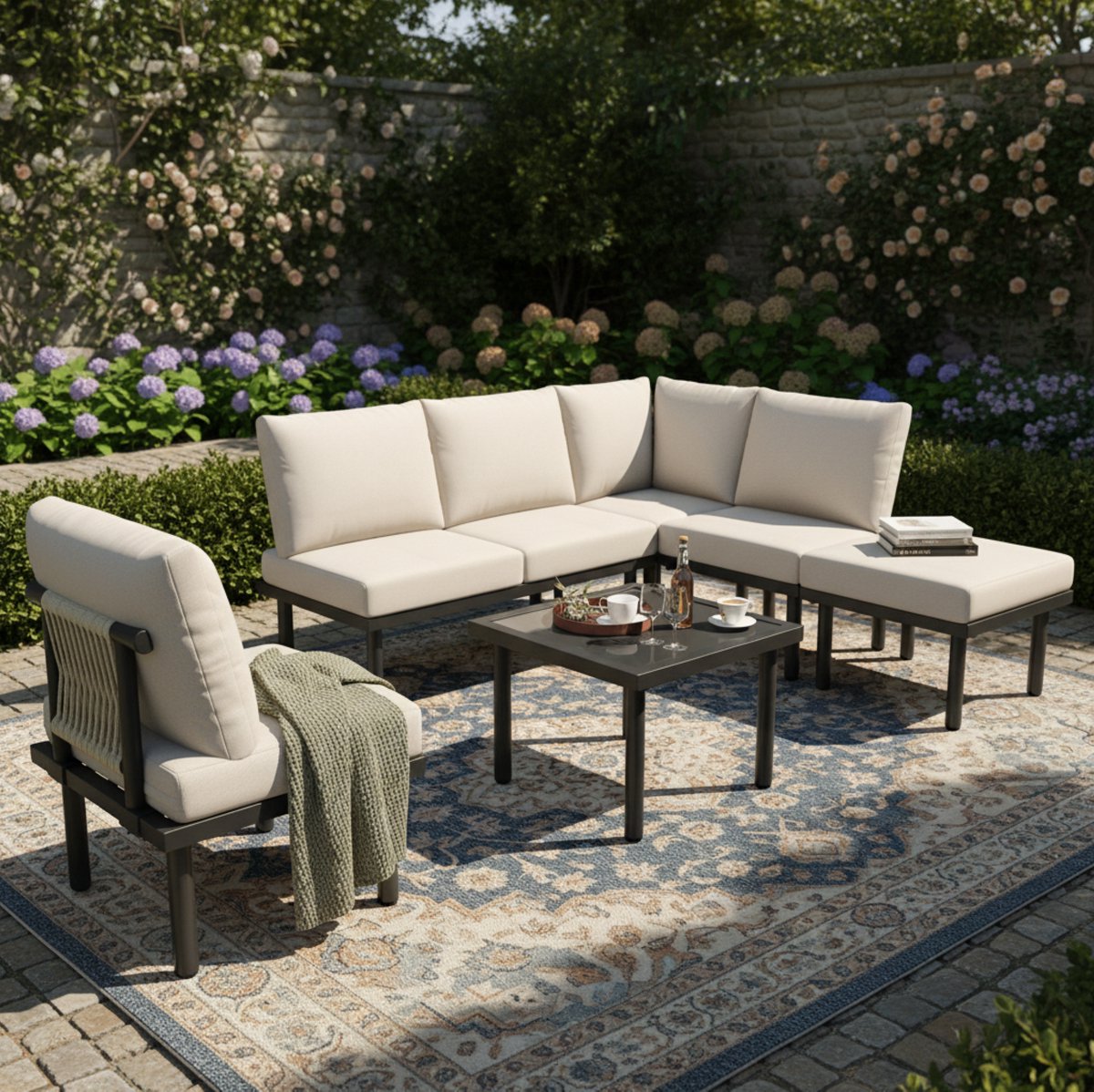 DESMIU Loungeset 6-Zits - Hoek Loungeset Met Glazen Tafelblad En Verstelbare Voeten - Voor Tuin En Terras - Olefin Beige