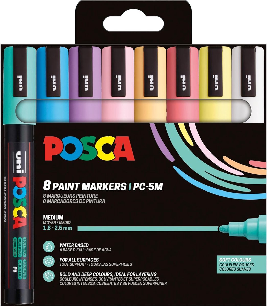 Thijox - POSCA Marker Set 8 Acrylstiften PC-5M - Permanente Marker met Ronde Punt 1,8-2,5 mm - Ideaal voor Creatief Schilderen, Klussen, DIY Projecten