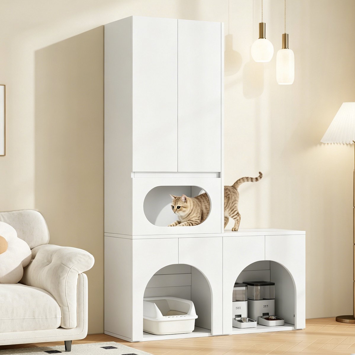 FloraGrace Kattenbakcontainer - Gesloten Kast Voor 2 Kattenbakken Met Rustruimte En Opbergruimte - Voor Katten En Honden - MDF - 140x45x195 Cm - Wit