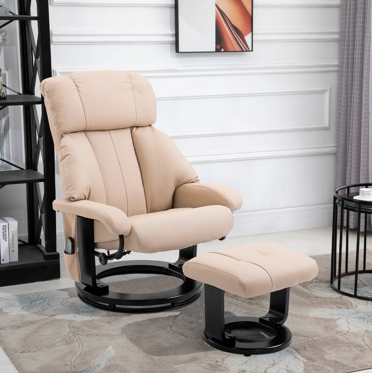 MEUNIQ massagestoel met hocker en handmatige rugverstelling, 360° draaibare relaxfauteuil met 10 vibratiepunten en afstandsbediening voor woonkamer, crèmewit