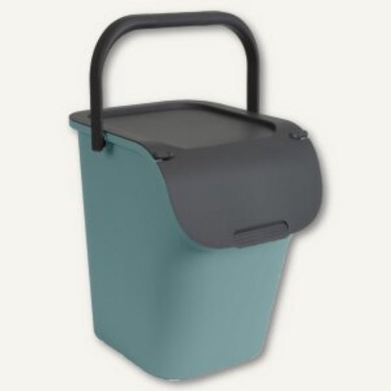 Blauwgroene opbergbak van kunststof met een donkergrijs deksel en handvat.