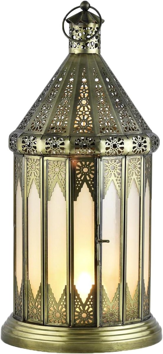 Decoratieve Theelichthouder - Oosterse Lantaarn - Woonkamer Decoratie - Handgemaakt Metaal Glas - 40 cm Hoog - Paars Wit
