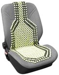 Autostoelkussen van houten kralen in de kleuren lichtgroen en zwart, met een ventilerend en masserend patroon.