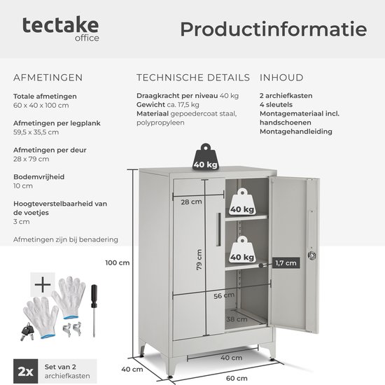 Schema van grijze archiefkast met afmetingen, draagkracht van 40 kg per plank en accessoires zoals handschoenen.