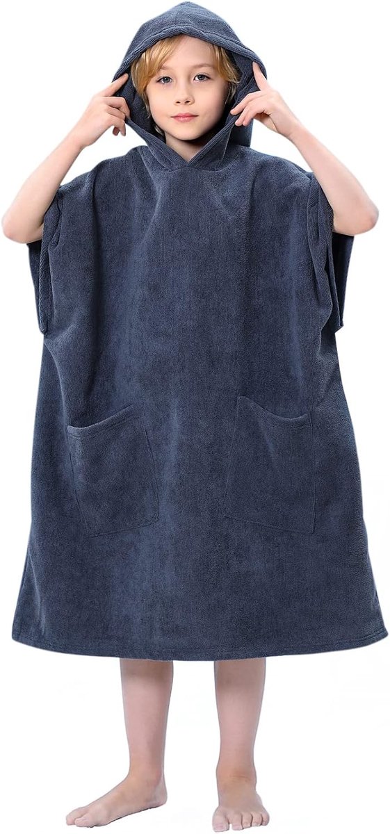 SnelShoppen - Kids Hooded Towel Microfiber Surf Poncho Handdoek met Zak voor Jongens en Meisjes, Grijs, Geschikt voor Strand, Zwemmen, Surfen en Badde