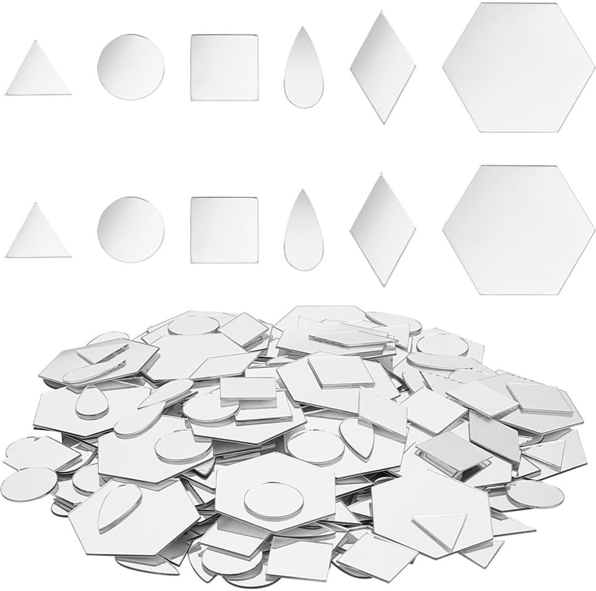 Dailygoods- Spiegeltegels Zelfklevend - 300 Stuks - 6 Vormen - Kleine Spiegels - Acryl Spiegels - Ambachtelijke Spiegels - Spiegelstickers