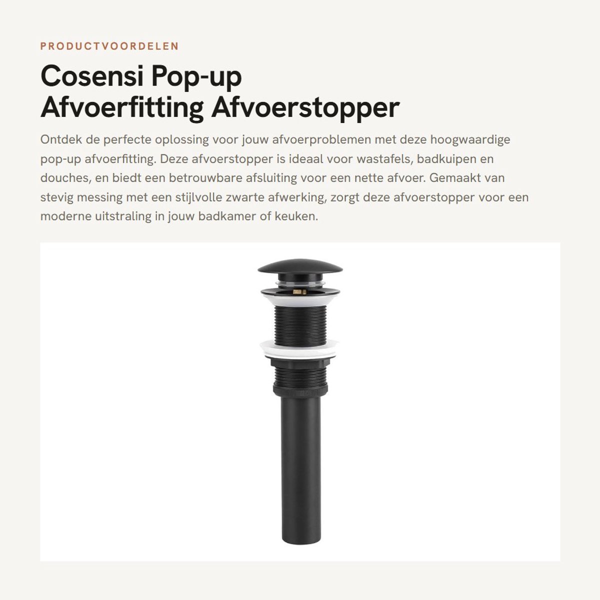 Dailygoods- Afvoerstopper Gloednieuw - Afvoerstop - Messing - Push/Pop-up - Zonder Overloop - Afmetingen 22x3cm - Afvoerplug